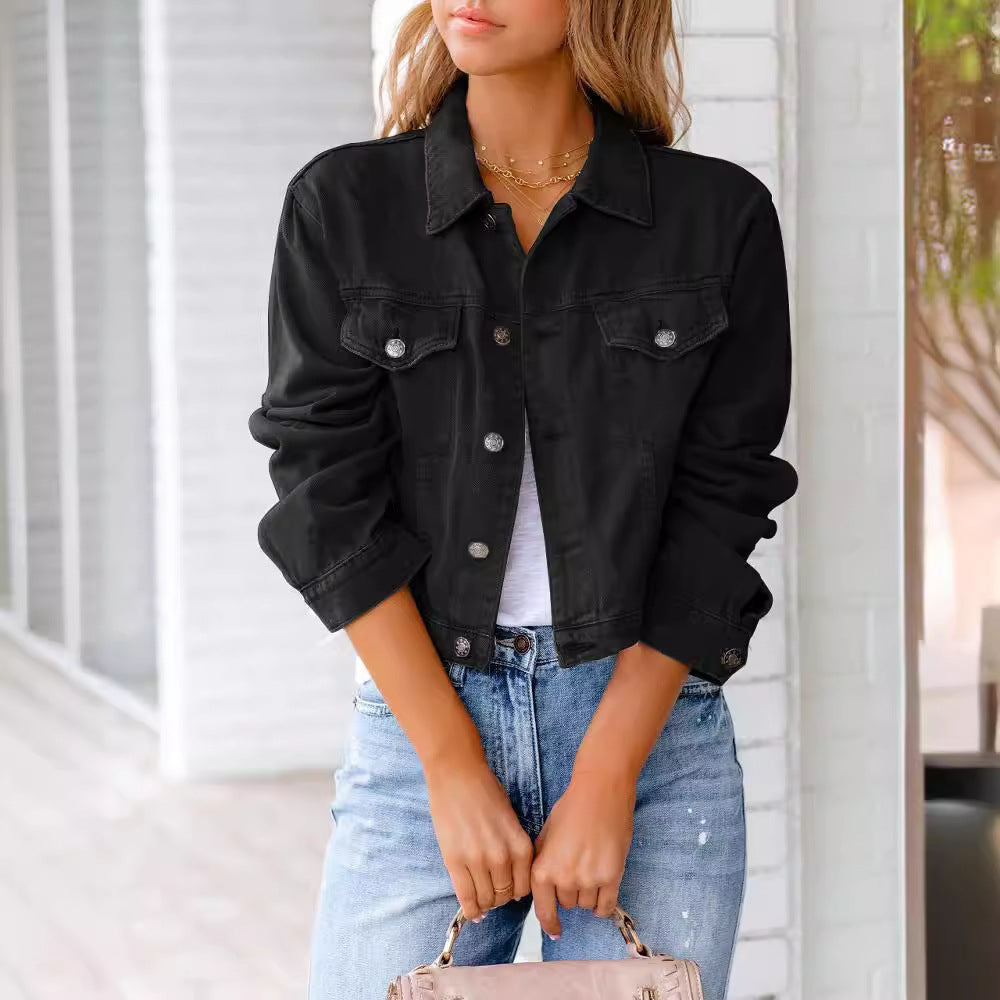 Women's Cropped Button-Front Denim Jacket with Side Pockets - photo 7