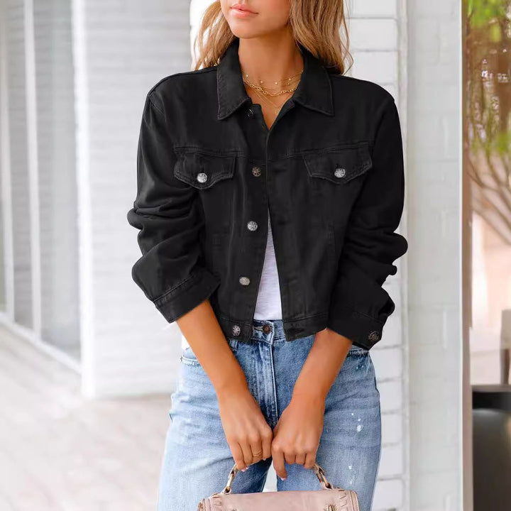 Women's Cropped Button-Front Denim Jacket with Side Pockets - photo 7