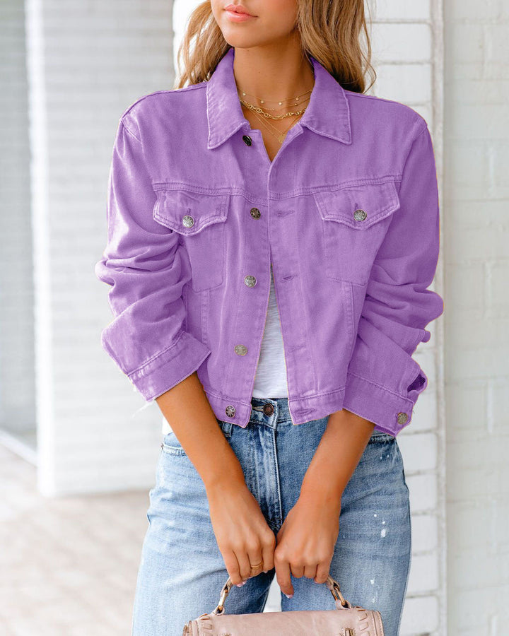 Women's Cropped Button-Front Denim Jacket with Side Pockets - photo 8
