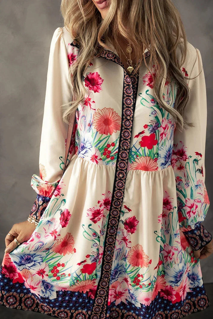 Women's Multicolor Floral Print Mini Dress with Long Sleeves - photo 2