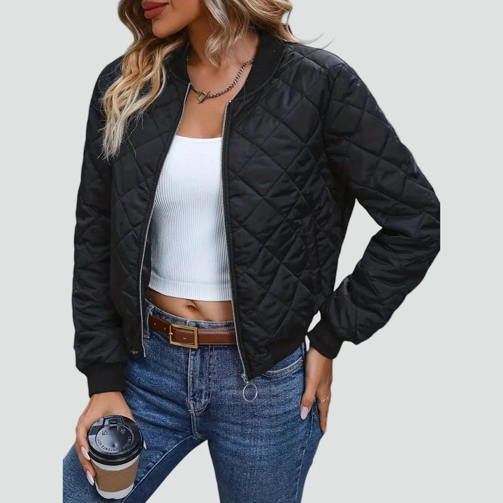 Black quilted zip-front bomber jacket