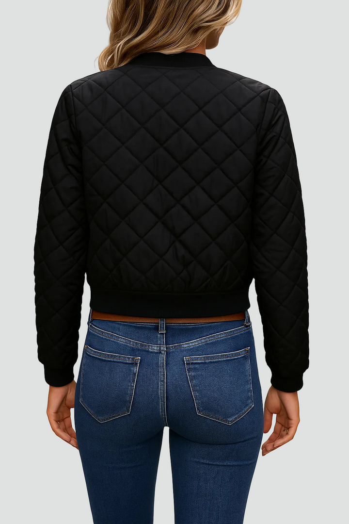 Black quilted zip-front bomber jacket, back view