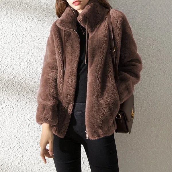 Women's Fleece Teddy Stand Collar Zip-Up Jacket with Drawstring Hood - Brown