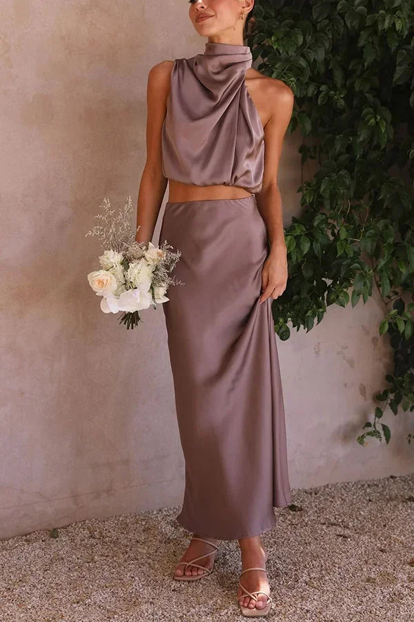 Women's Knit Skirt Set Draped Neck Top and Flowy Maxi Skirt Two Piece Outfit – view 5