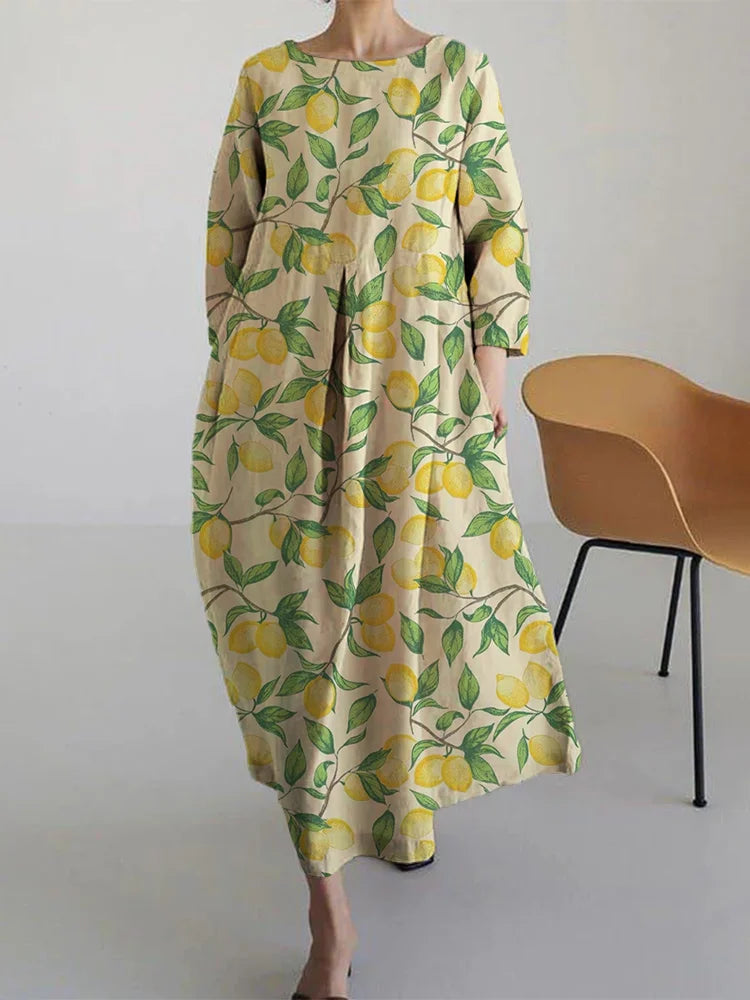 Women's Lemon Print Maxi Dress with Round Neckline - photo 1