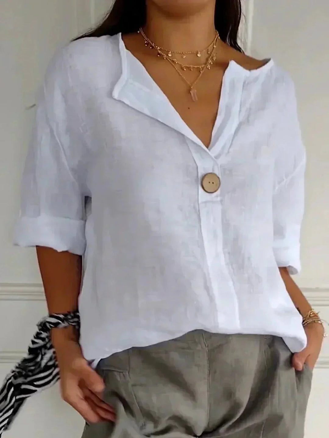 Women's Linen Blouse with a V Neck