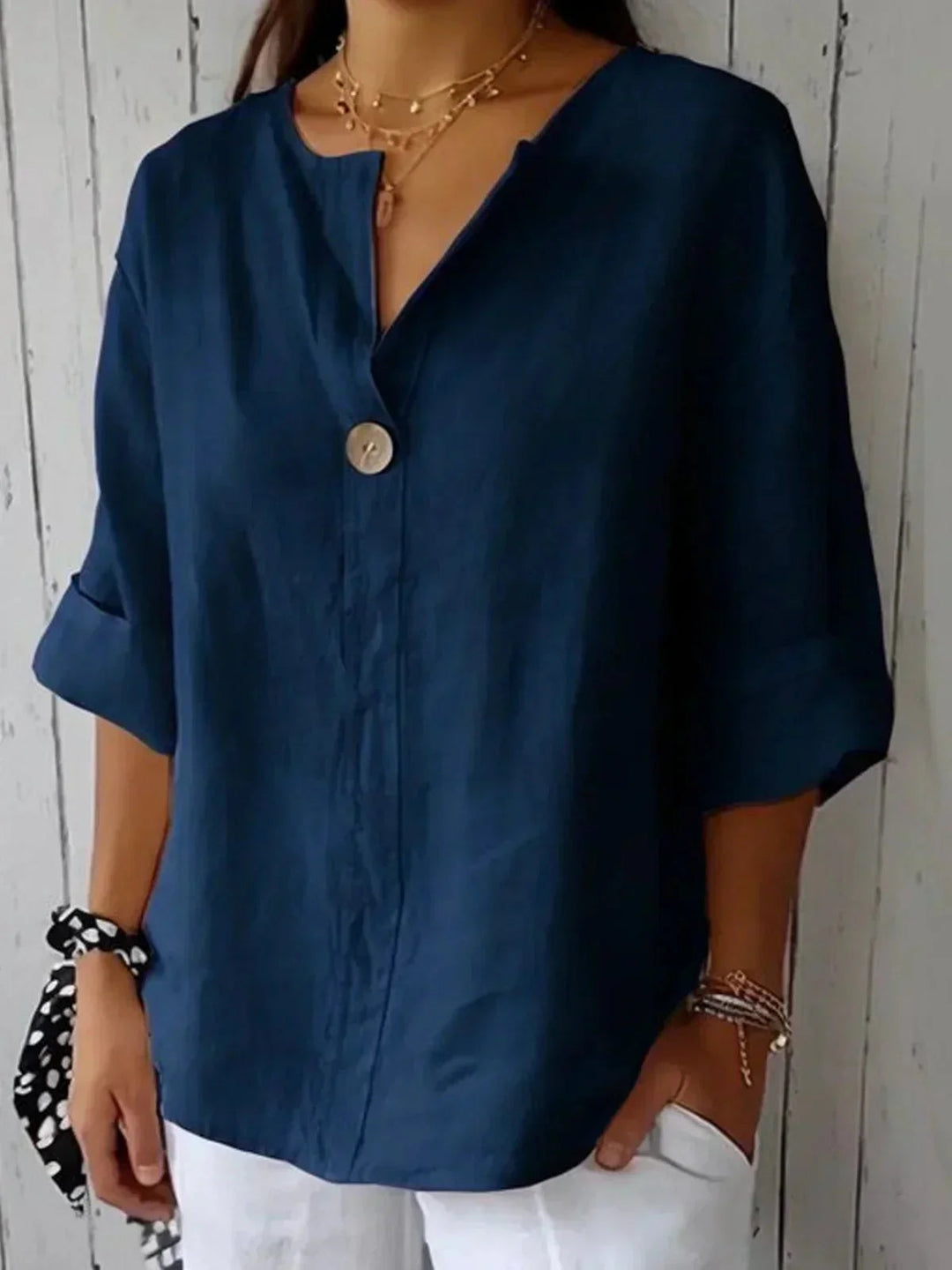 Women's Linen Blouse with a V Neck