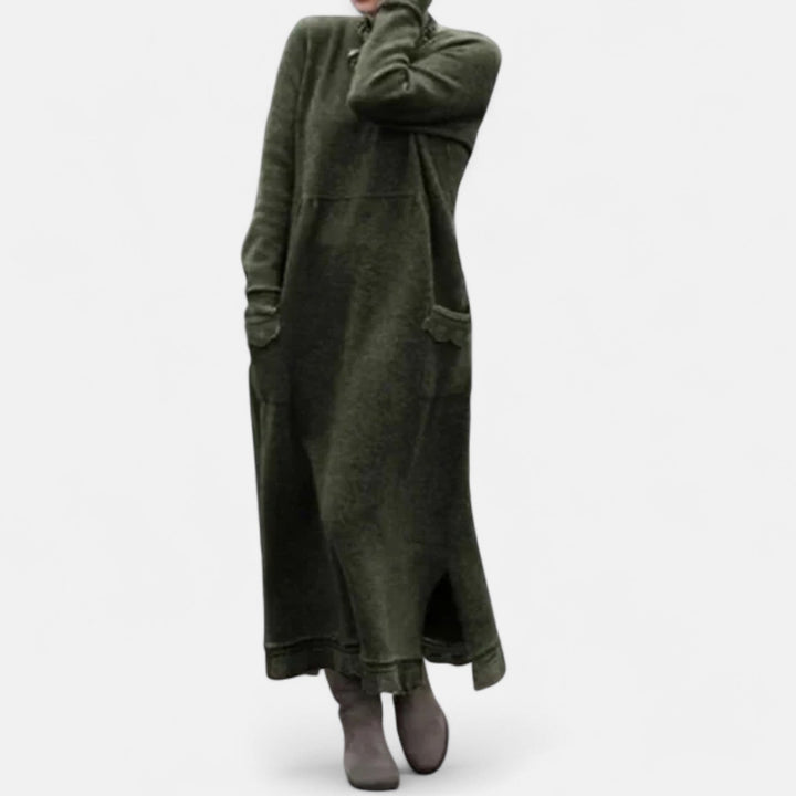 Women's Long Knitted Dress with Stand Collar and Pockets - photo 5