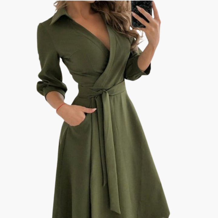 Women's Long Sleeve Midi Dress with a Tie Belt – view 2