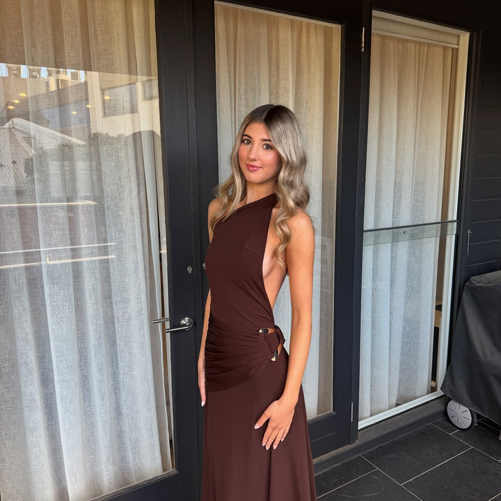 Vanessa - Women's One Shoulder Maxi Dress with Ribbon Detail