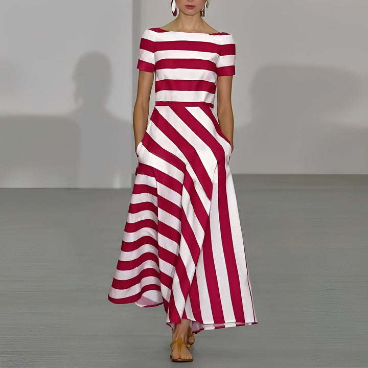 Women's Striped Maxi Dress with Boat Neckline - photo 1