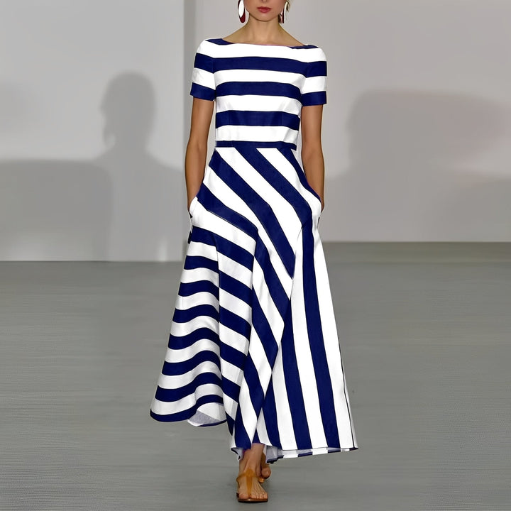 Women's Striped Maxi Dress with Boat Neckline - photo 2