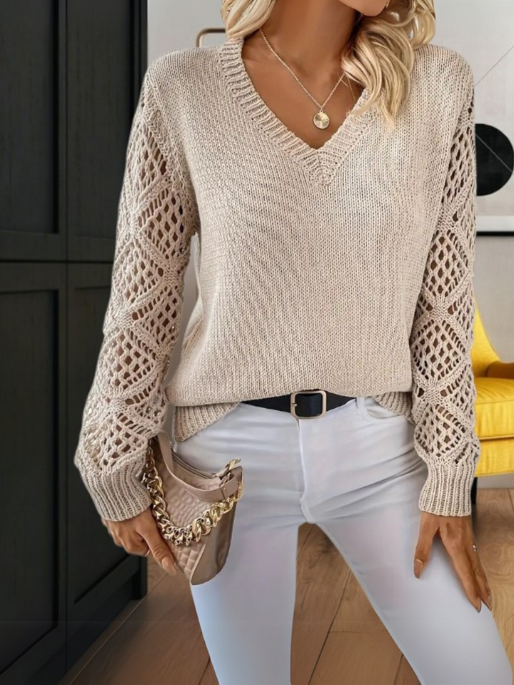 Women's V-Neck Sweater with Openwork Sleeves - photo 1